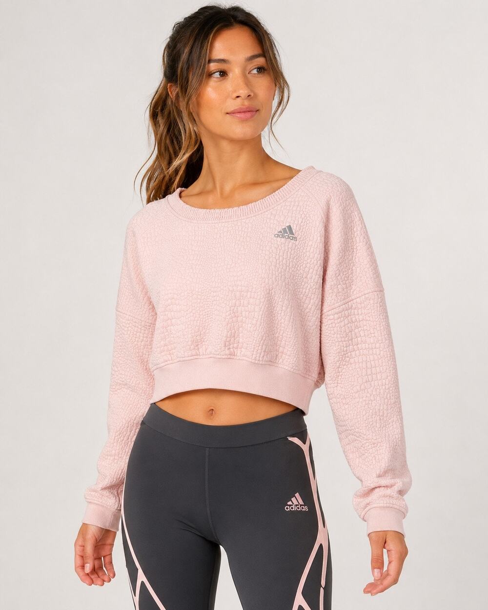Adidas Pastel Pink Textured Cropped Long Sleeve Shirt | Size Medium